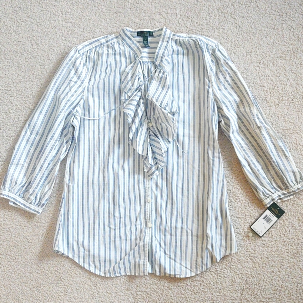 Ralph Lauren Blue and White Striped 3/4 Sleeve Blouse size L NWT